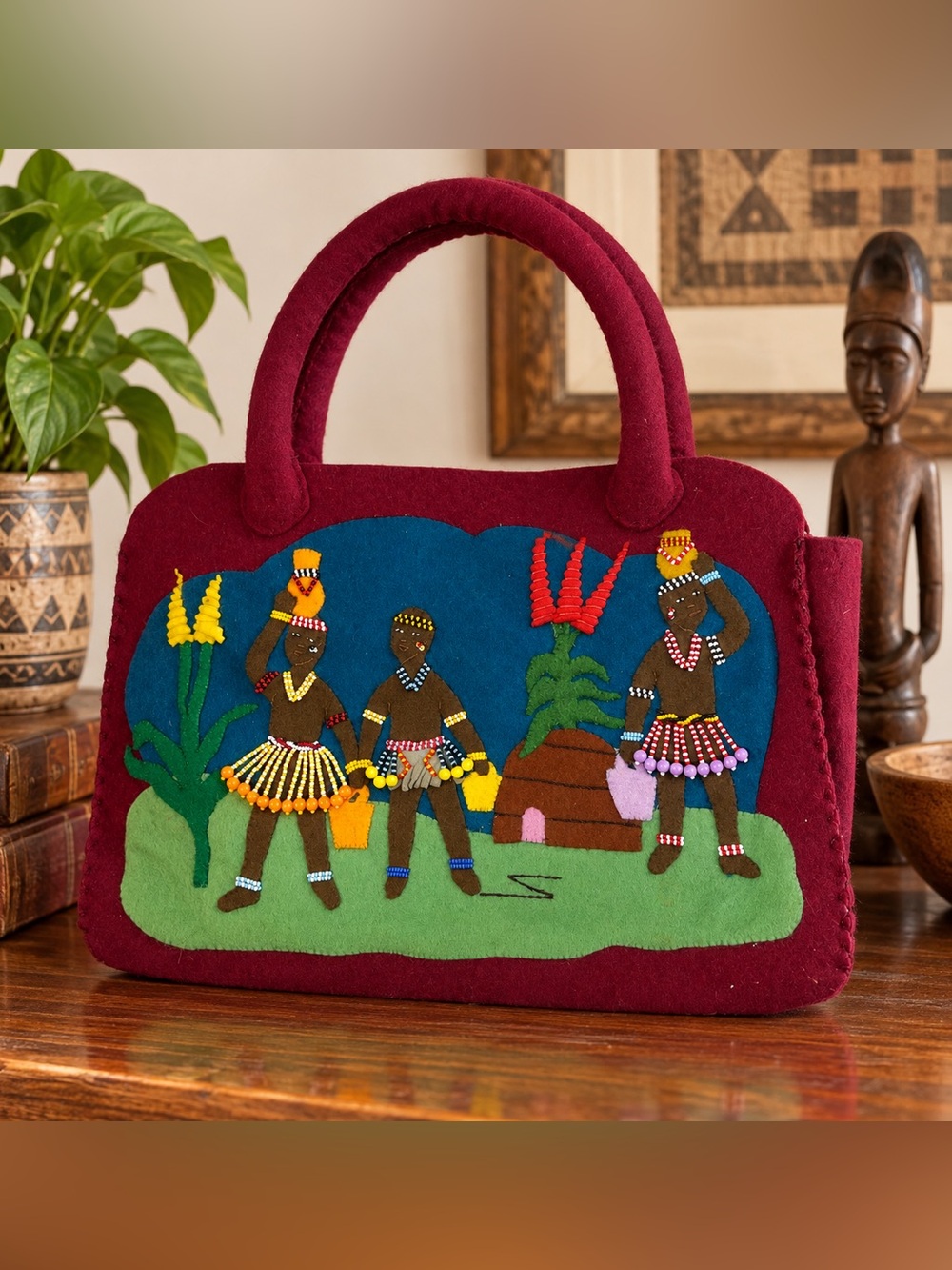 Handmade African Folk Art Felt Beaded Tote Bag Burgundy Village Scene